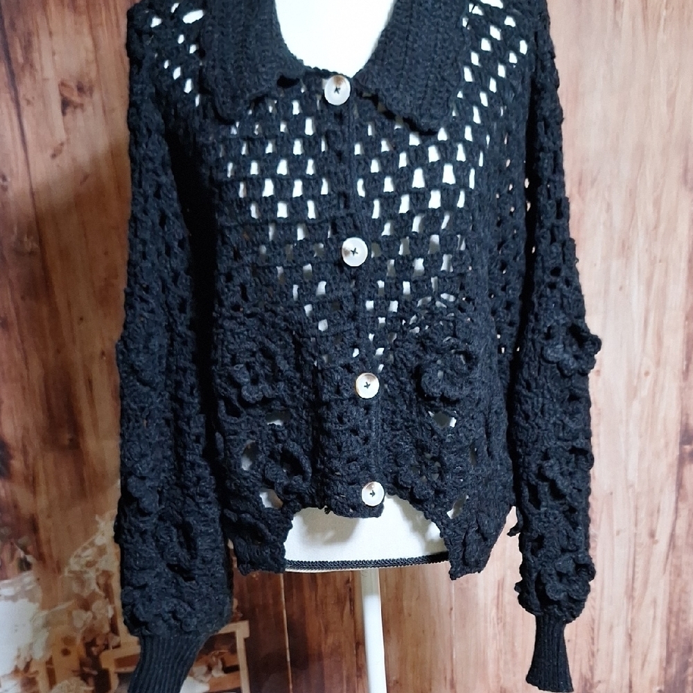 Black Crochet Women Sweater, With Puffy Sleeves.